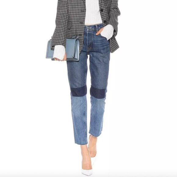 Helmut Lang High Rise Crop Slim Vintage Blue Patchwork Jeans Size 28 - Picture 1 of 6